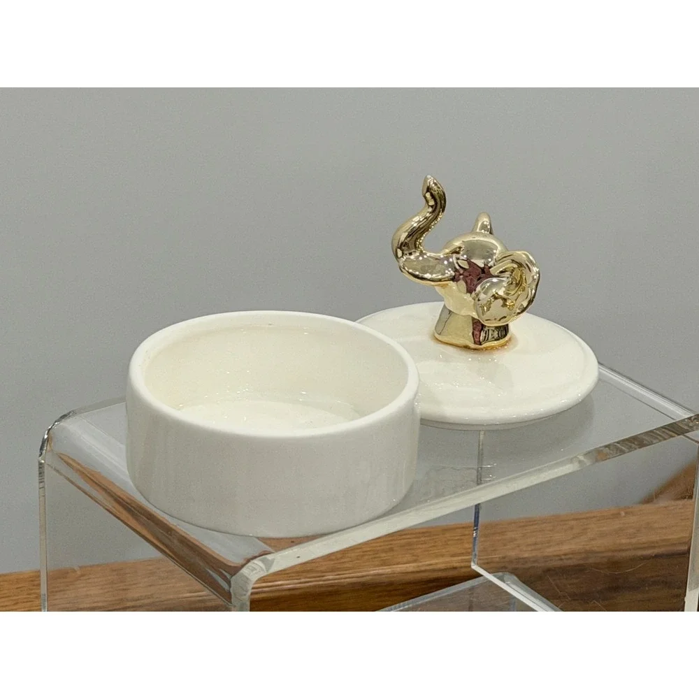 Elephant Jewelry Box and Trinket Dish Ring Holder White With Metallic Gold Set 2